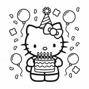 Coloriage Hello Kitty joyeux anniversaire