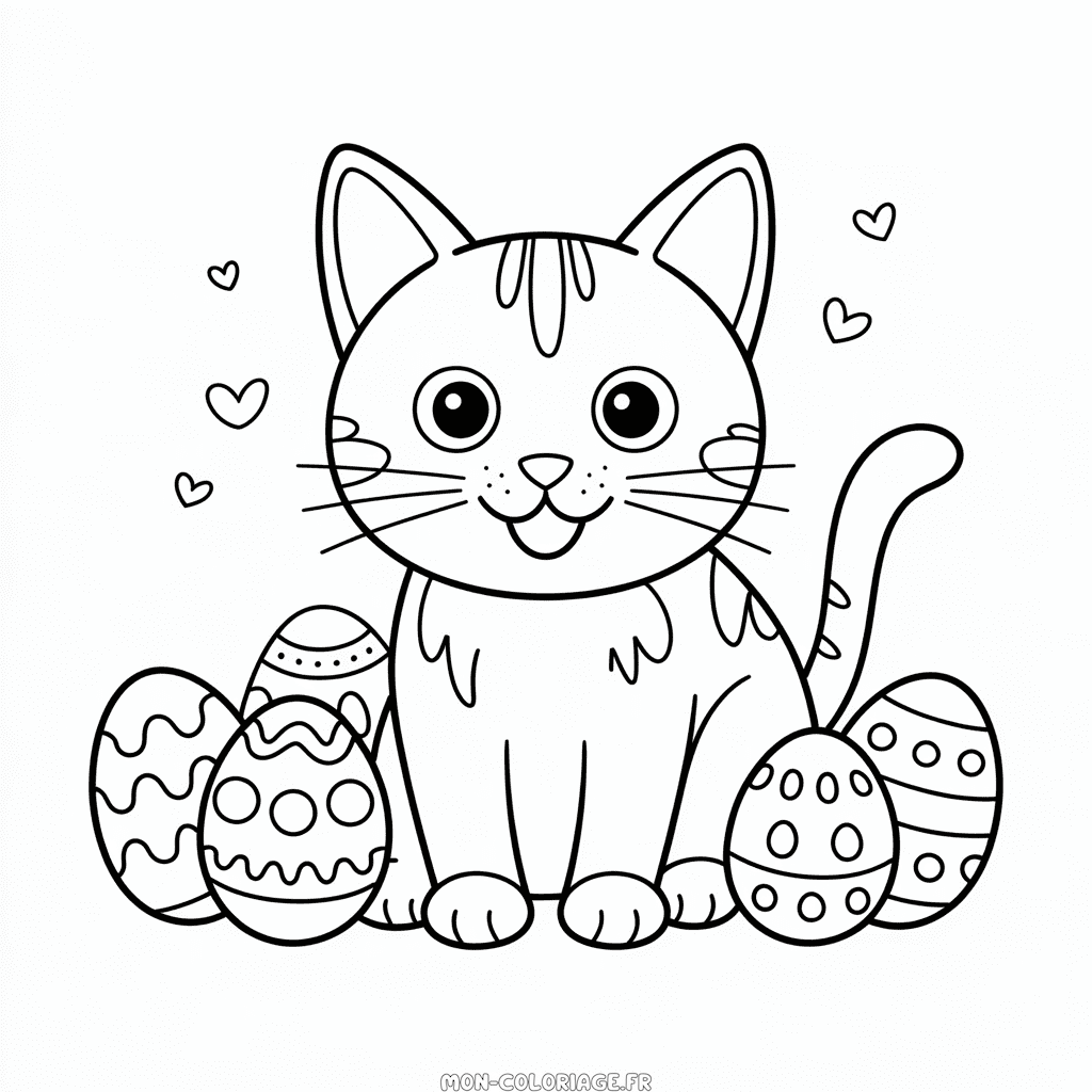 Coloriage Chat avec des œufs de Pâques