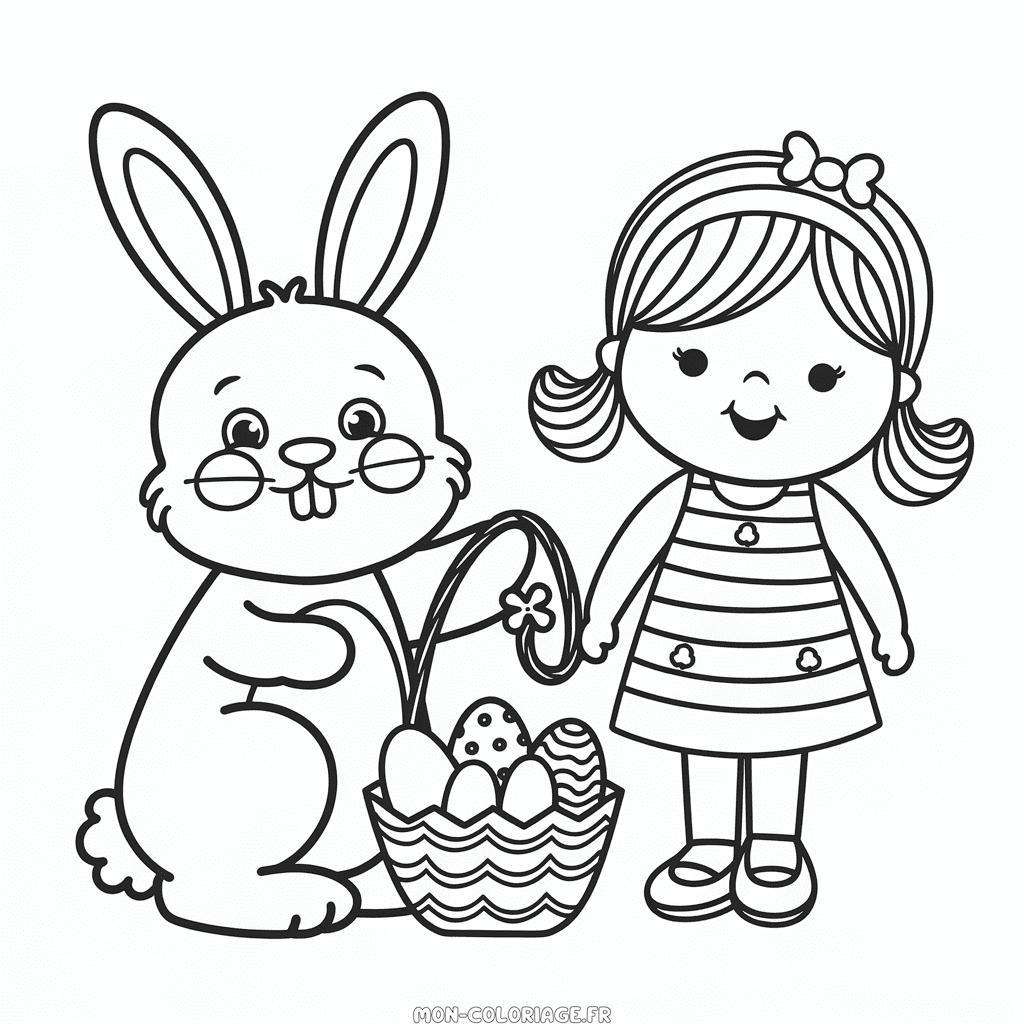 Coloriage Lapin de Pâques et fille
