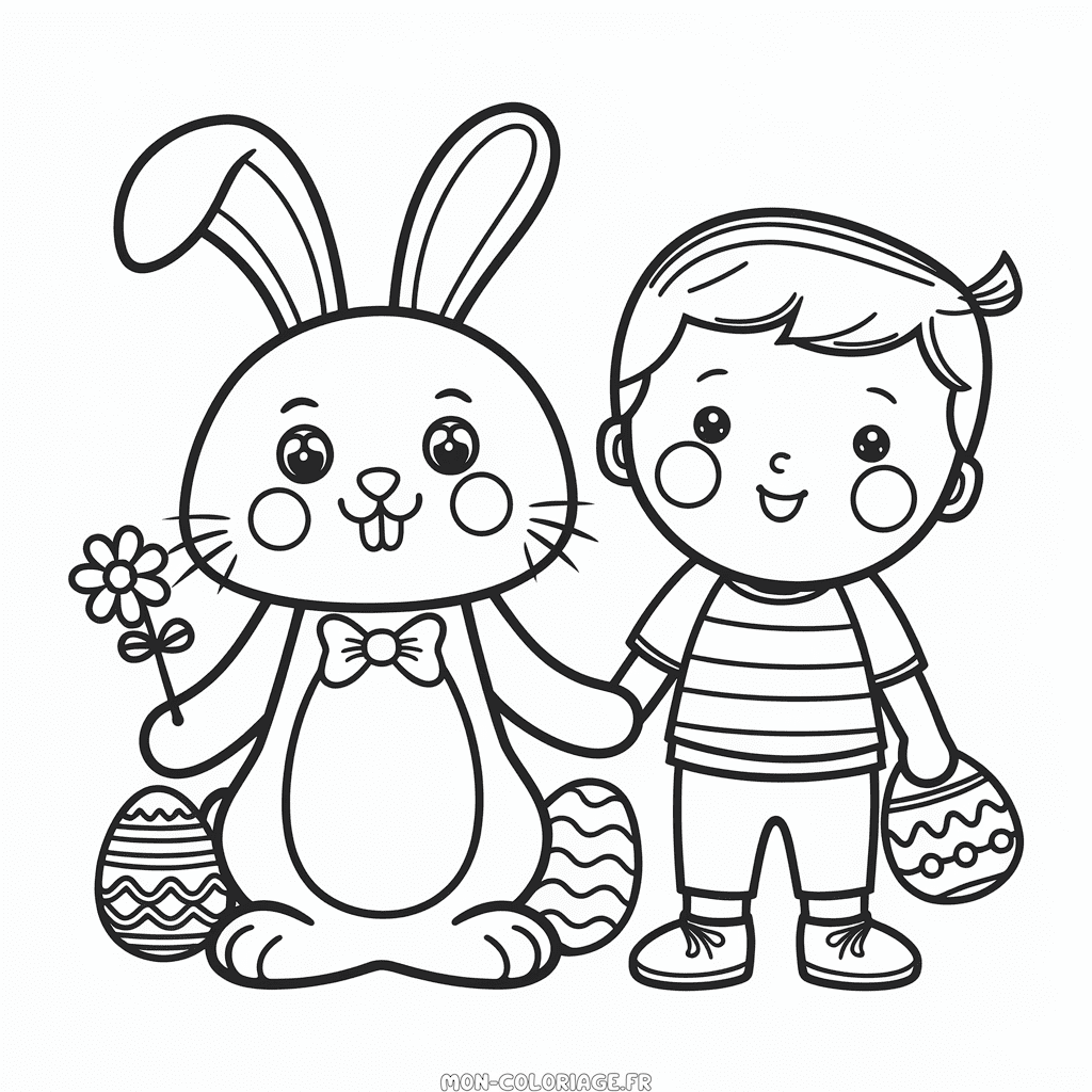 Coloriage Lapin de Pâques et garçon