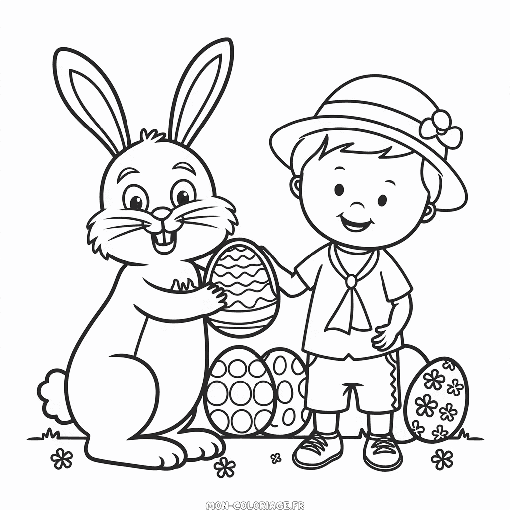 Coloriage Lapin de Pâques et tout-petit