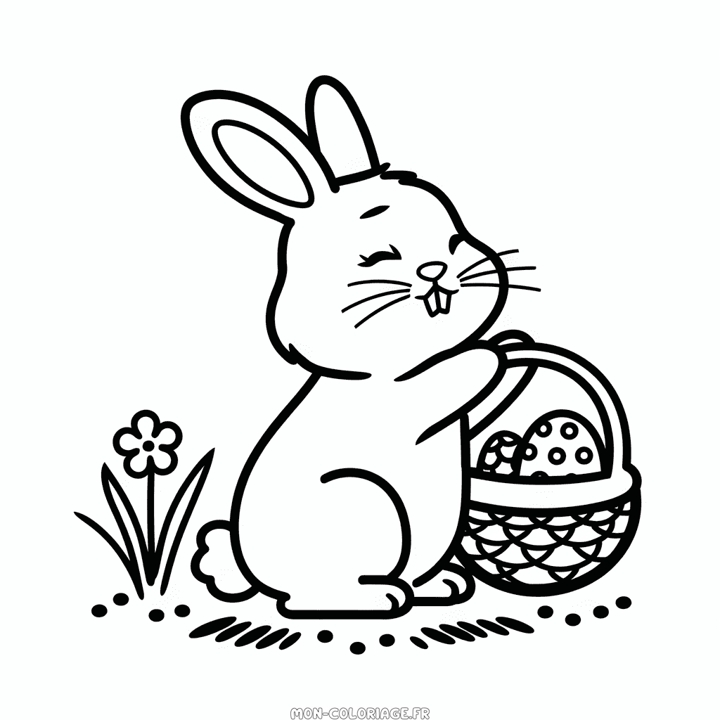 Coloriage Lapin de Pâques ramassant les œufs