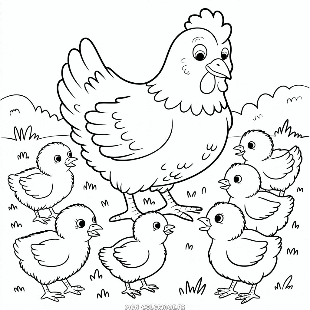 Coloriage de Poule et Poussins