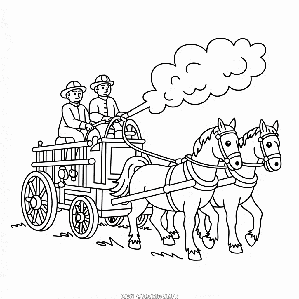 Coloriage Ancien Camion de Pompiers Tiré par des Chevaux
