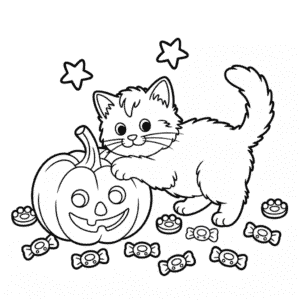 Coloriage Chat et Citrouille d'Halloween