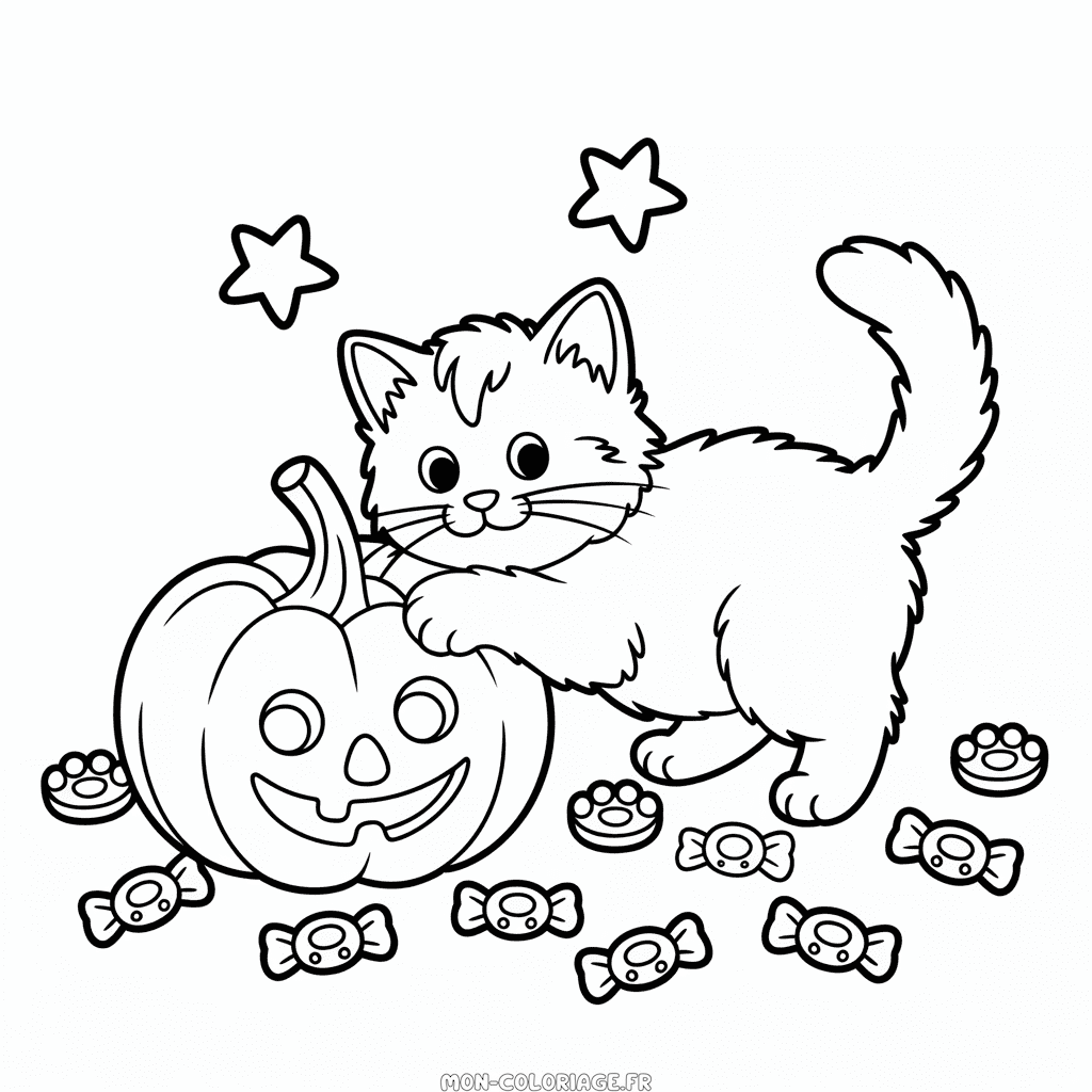 Coloriage Chat et Citrouille d'Halloween