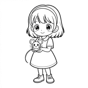 Coloriage Fille Anime Tenant une Souris